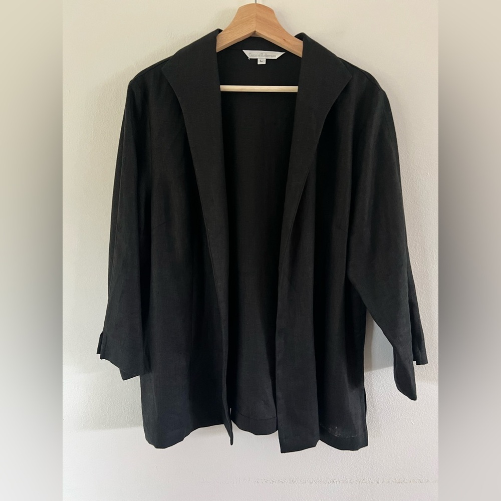 Connie‎ Roberson Black Open Front Collared Linen Lightweight Blazer Size Large